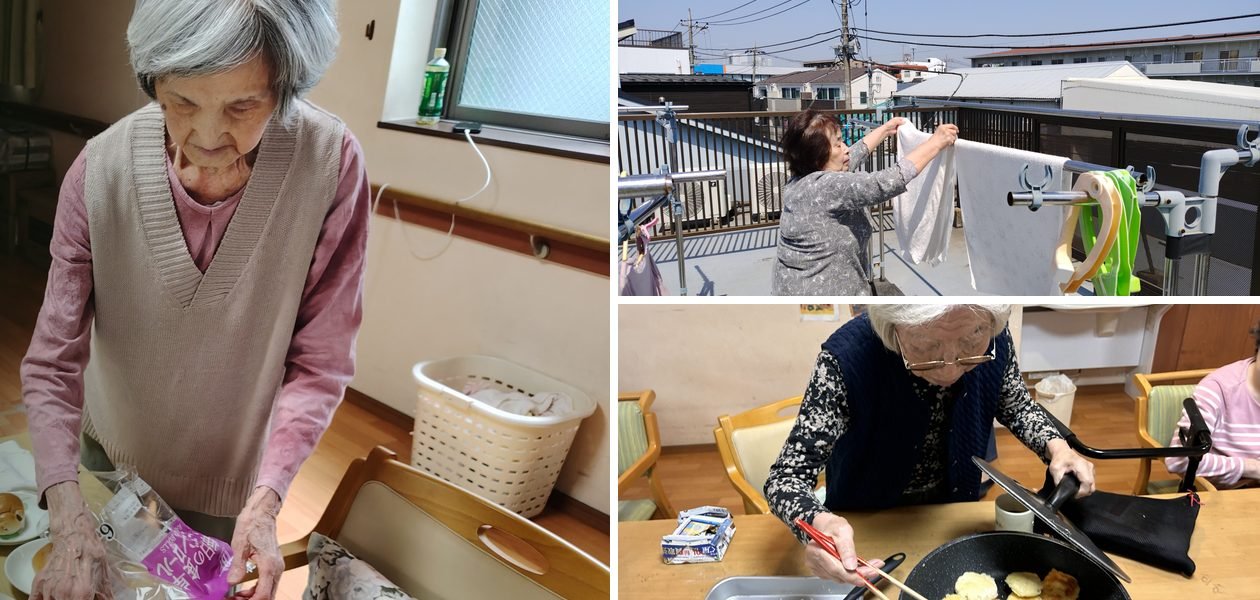 お皿に料理を盛り付ける入居者さん、屋上で洗濯物を干す入居者さん、フライパンで調理する入居者さん